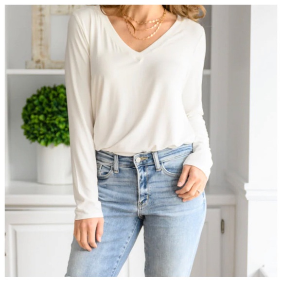 16 It's That Simple Solid V Neck Long Sleeve Tee in Light Taupe - Picture 2 of 5